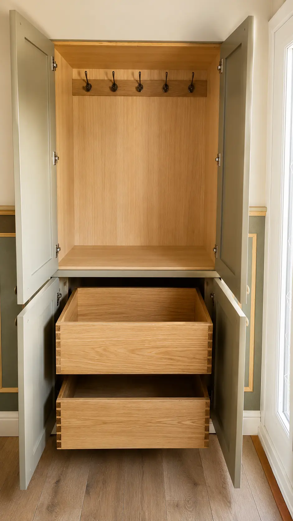 Open painted cupboard with an oak interior, coat hooks and dovetailed drawers