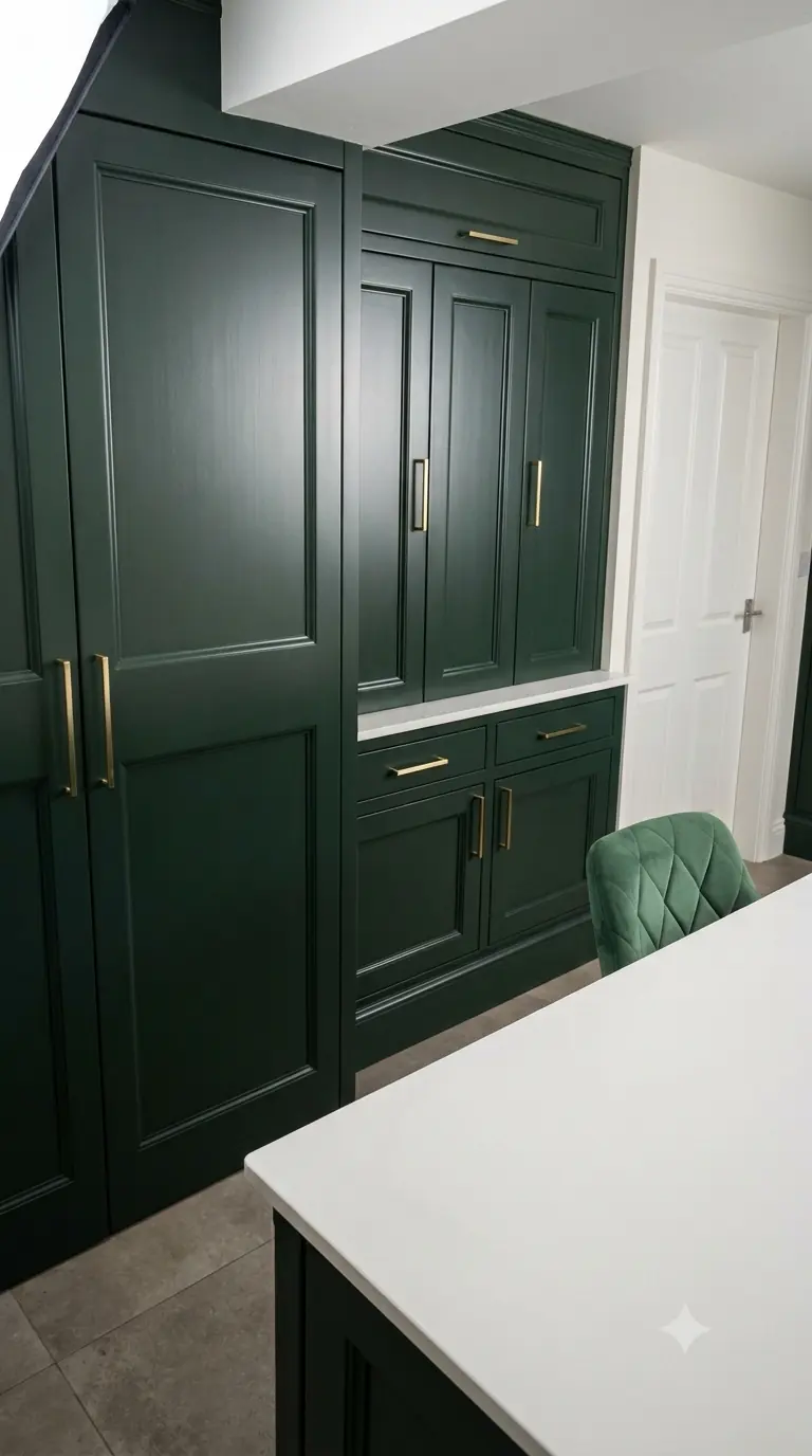 Deep green fitted kitchen cabinetry with brass handles and a pale worktop