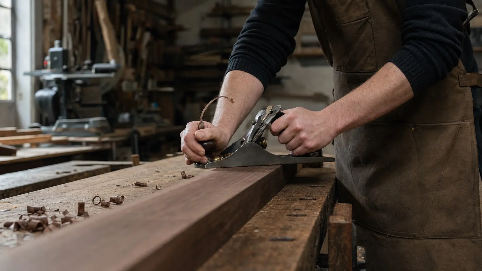 Cabinetmaker hand-planing a walnut board in the workshop